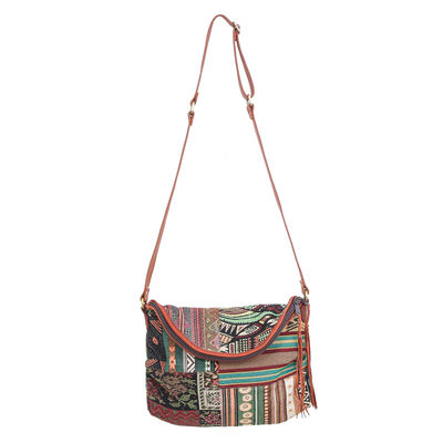 Leather Accented Cotton Sling Bag from Thailand