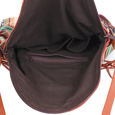 Leather accented cotton blend sling bag, 'Casual Lanna in Green' - Leather Accented Cotton Sling Bag from Thailand