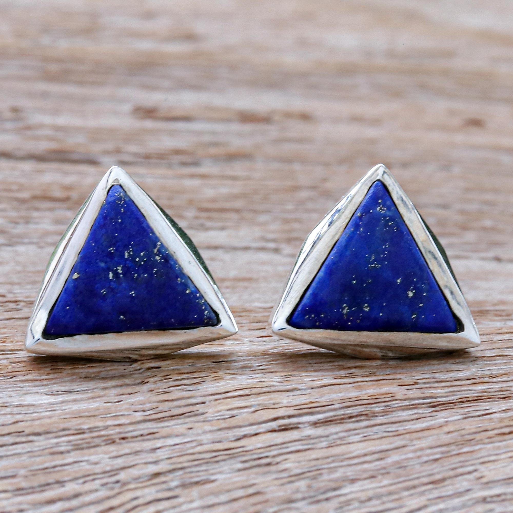 Lapis Triangles with Silver Dot Accents 925 Sterling Silver Dangle Earrings
