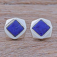 Lapis lazuli button earrings, 'Winter Storm' - Thai Lapis Lazuli and Sterling Silver Button Earrings