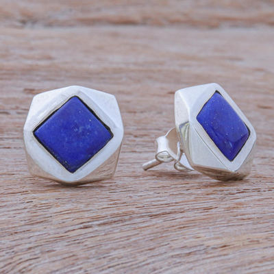 Lapis lazuli button earrings, 'Winter Storm' - Thai Lapis Lazuli and Sterling Silver Button Earrings