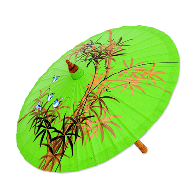 Sombrilla de algodón y bambú pintada a mano - Sombrilla de algodón con motivo de pájaros pintada a mano