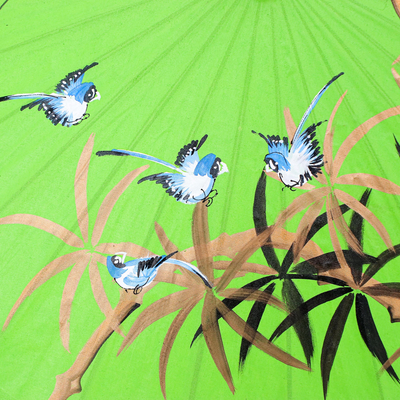 Hand-painted cotton and bamboo parasol, 'Bamboo Waving' - Hand-Painted Cotton Bird-Motif Parasol