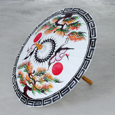 Hand-painted cotton and bamboo parasol, 'Red Sun, White Crane' - Hand-Painted Bamboo and Cotton Parasol