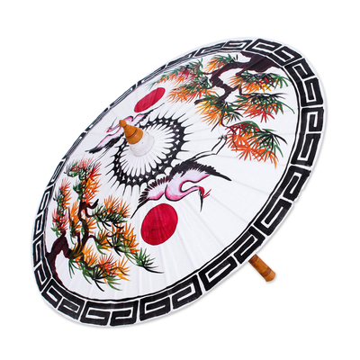 Hand-painted cotton and bamboo parasol, 'Red Sun, White Crane' - Hand-Painted Bamboo and Cotton Parasol