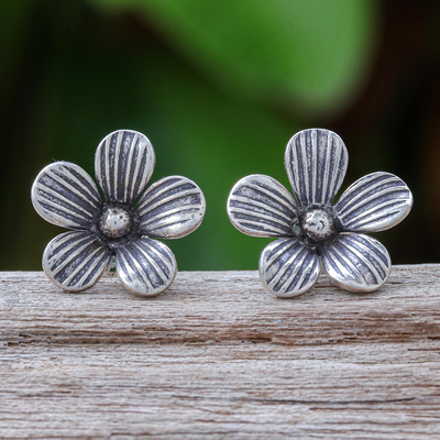 Silver button earrings, 'Striped Garden' - Karen Silver Floral-Motif Button Earrings