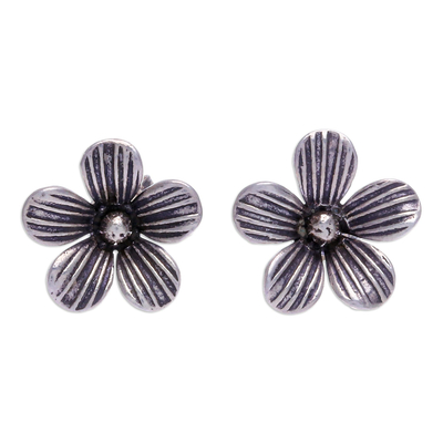 Silver button earrings, 'Striped Garden' - Karen Silver Floral-Motif Button Earrings