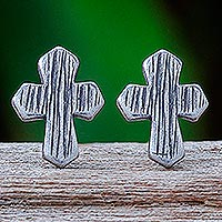 Silver button earrings, 'Little Faith' - Karen Silver Cross-Motif Button Earrings