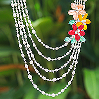 Multi-gemstone beaded necklace, 'Morning Daisy' - Cultured Pearl and Aventurine Beaded Floral Necklace