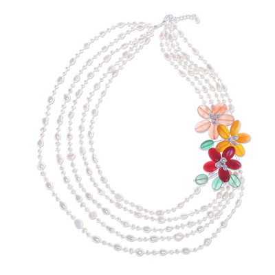 Multi-gemstone beaded necklace, 'Morning Daisy' - Cultured Pearl and Aventurine Beaded Floral Necklace