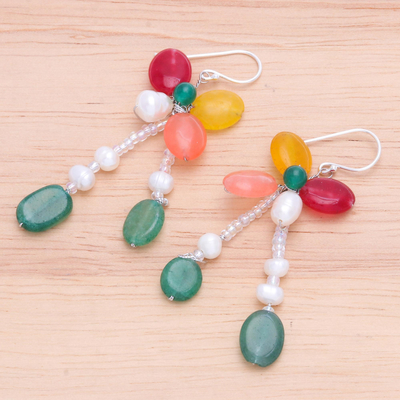 Pendientes colgantes de perlas cultivadas y cuarzo - Aretes colgantes de perlas cultivadas y cuarzo