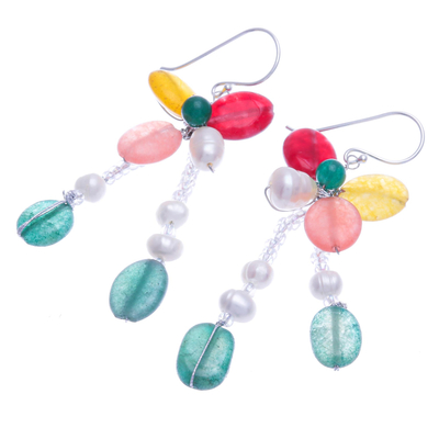Pendientes colgantes de perlas cultivadas y cuarzo - Aretes colgantes de perlas cultivadas y cuarzo