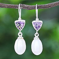 Cultured pearl and amethyst dangle earrings, 'Purple Sea' - Cultured Pearl and Amethyst Dangle Earrings