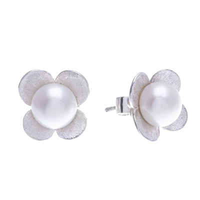 Cultured pearl button earrings, 'Pearl Oasis' - Cultured Pearl and Sterling Silver Floral-Motif Earrings