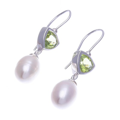 Cultured pearl and peridot dangle earrings, 'Spring Green Sea' - Cultured Pearl and Peridot Dangle Earrings