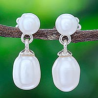 Cultured pearl dangle earrings, 'Mellow Dive' - Thai Sterling Silver and Cultured Pearl Dangle Earrings