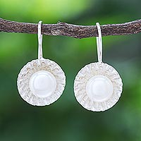 Cultured pearl dangle earrings, 'Lustrous Sun' - Hand Crafted Cultured Pearl and Sterling Silver Earrings