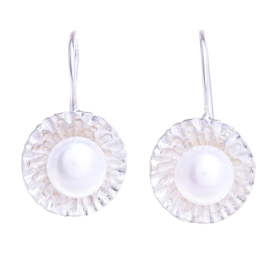 Cultured pearl dangle earrings, 'Lustrous Sun' - Hand Crafted Cultured Pearl and Sterling Silver Earrings