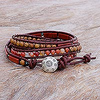 Jasper and carnelian wrap bracelet, 'Summer Treasure' - Jasper and Carnelian Leather Wrap Bracelet