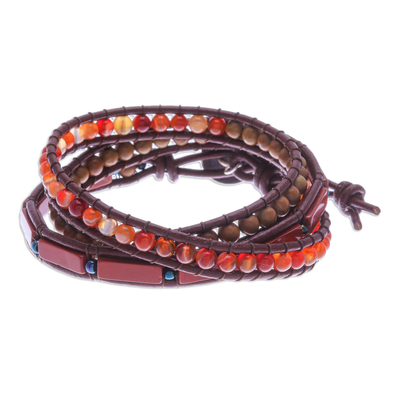 Jasper and Carnelian Leather Wrap Bracelet, 'Summer Treasure