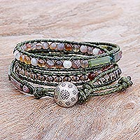 Multi-gemstone wrap bracelet, 'Spring Treasure' - Thai Agate and Smoky Quartz Wrap Bracelet