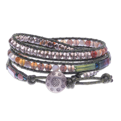 Multi-gemstone wrap bracelet, 'Spring Treasure' - Thai Agate and Smoky Quartz Wrap Bracelet