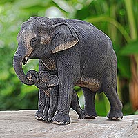 Teak wood sculpture, 'Pachyderm Duo' - Hand Made Teak Wood Elephant Sculpture