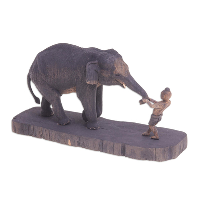 Teak wood sculpture, 'Let's Play' - Hand Carved Teak Wood Elephant Sculpture