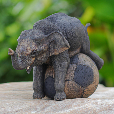 Teak wood sculpture, 'Elephant Soccer' - Artisan Crafted Teak Wood Elephant Sculpture