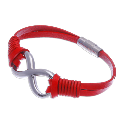 Red Leather Unisex Pendant Bracelet