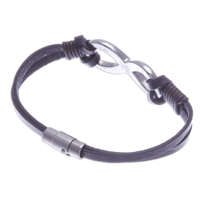 Leather pendant bracelet, 'Cool Infinity in Brown' - Brown Leather Unisex Pendant Bracelet
