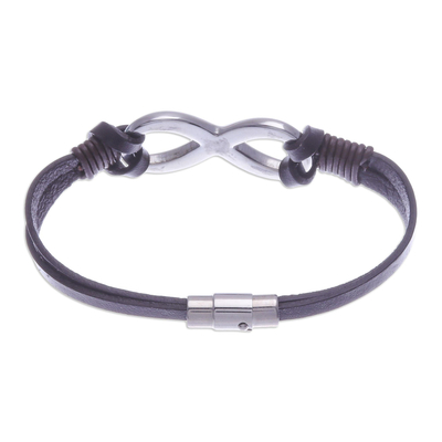 Leather pendant bracelet, 'Cool Infinity in Brown' - Brown Leather Unisex Pendant Bracelet