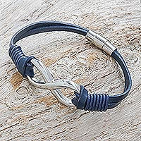 Leather pendant bracelet, 'Cool Infinity in Blue' - Blue Leather Unisex Pendant Bracelet