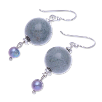 Multi-gemstone dangle earrings, 'Cool Magic' - Thai Jade and Cultured Pearl Dangle Earrings
