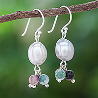 Tourmaline and cultured pearl dangle earrings, 'Sweet Sea'