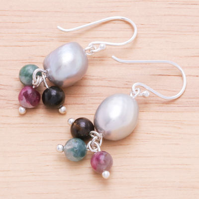 Pendientes colgantes de turmalina y perlas cultivadas - Aretes colgantes de turmalina tailandesa y perlas cultivadas