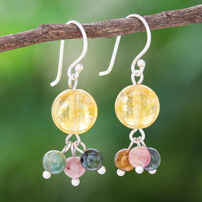 Quartz and tourmaline dangle earrings, 'Howling Moon' - Thai Quartz and Tourmaline Dangle Earrings