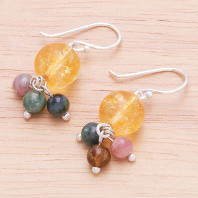 Quartz and tourmaline dangle earrings, 'Howling Moon' - Thai Quartz and Tourmaline Dangle Earrings