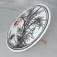 Hand-painted cotton and bamboo parasol, 'Peaceful Cranes' - Hand-Painted Cotton and Bamboo Parasol