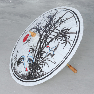 Hand-painted cotton and bamboo parasol, 'Peaceful Cranes' - Hand-Painted Cotton and Bamboo Parasol