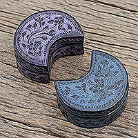 Decorative lacquerware wood boxes, 'Crescent Dream in Midnight' (pair) - Blue and Purple Decorative Lacquerware Wood Boxes (Pair)