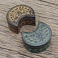 Decorative lacquerware wood boxes, 'Crescent Dream in Dawn' (pair) - Green and Yellow Decorative Lacquerware Wood Boxes (Pair)