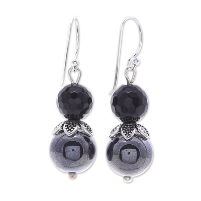 Onyx and Hematite Floral-Motif Dangle Earrings