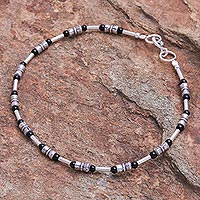 Onyx beaded bracelet, 'Petite Jewel in Black' - Thai Sterling Silver and Onyx Beaded Bracelet