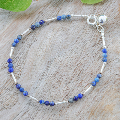 Lapis lazuli beaded bracelet, 'Softest Voice in Blue' - Sterling Silver and Lapis Lazuli Beaded Bracelet
