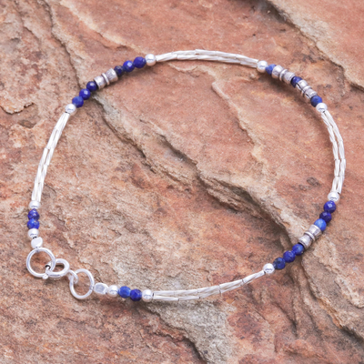 Lapis lazuli beaded bracelet, 'Spiral Jetty in Blue' - Thai Sterling Silver and Lapis Lazuli Beaded Bracelet