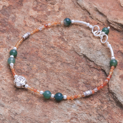 Agate and carnelian pendant bracelet, 'Tea Rose in  in Orange' - Agate and Carnelian Beaded Pendant Bracelet