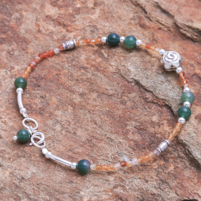 Agate and carnelian pendant bracelet, 'Tea Rose in  in Orange' - Agate and Carnelian Beaded Pendant Bracelet