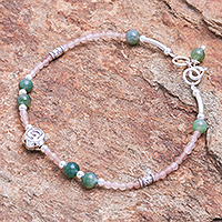 Sunstone and agate pendant bracelet, 'Tea Rose in Light Orange' - Green Agate and Sunstone Pendant Bracelet