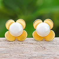 Gold-plated cultured pearl button earrings, 'Eternal Blossom in Gold' - Thai Gold-Plated Cultured Pearl Button Earrings